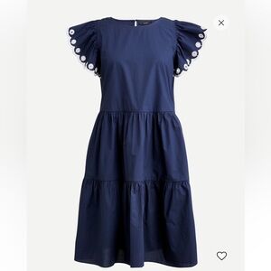 J. Crew Tiered embroidered ruffle sleeve dress in navy with white embroidery
